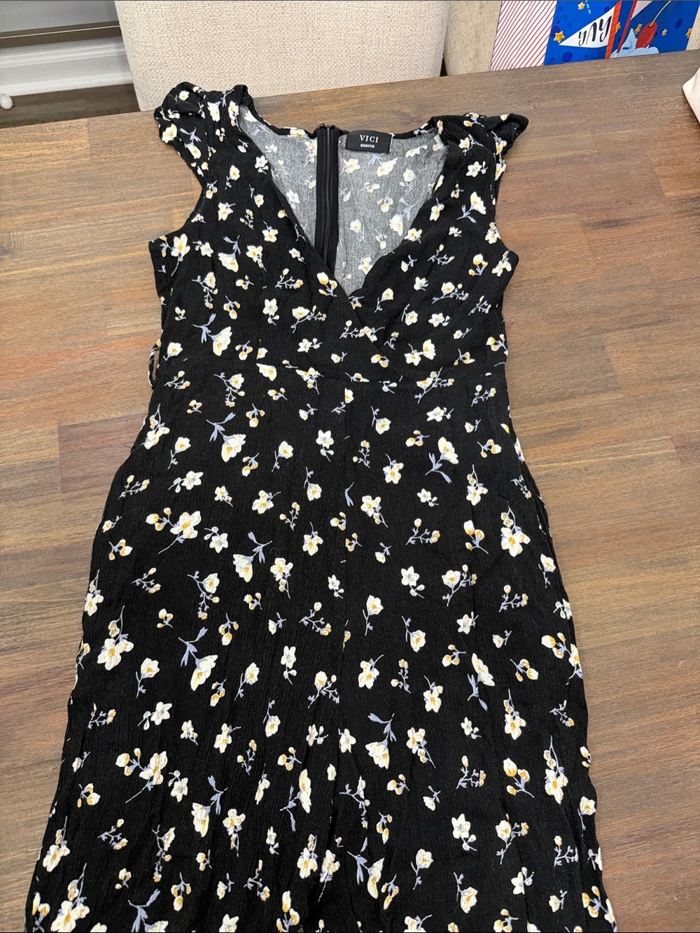 VICI Black Floral V-Neck Midi Dress with Yellow & White Blossoms